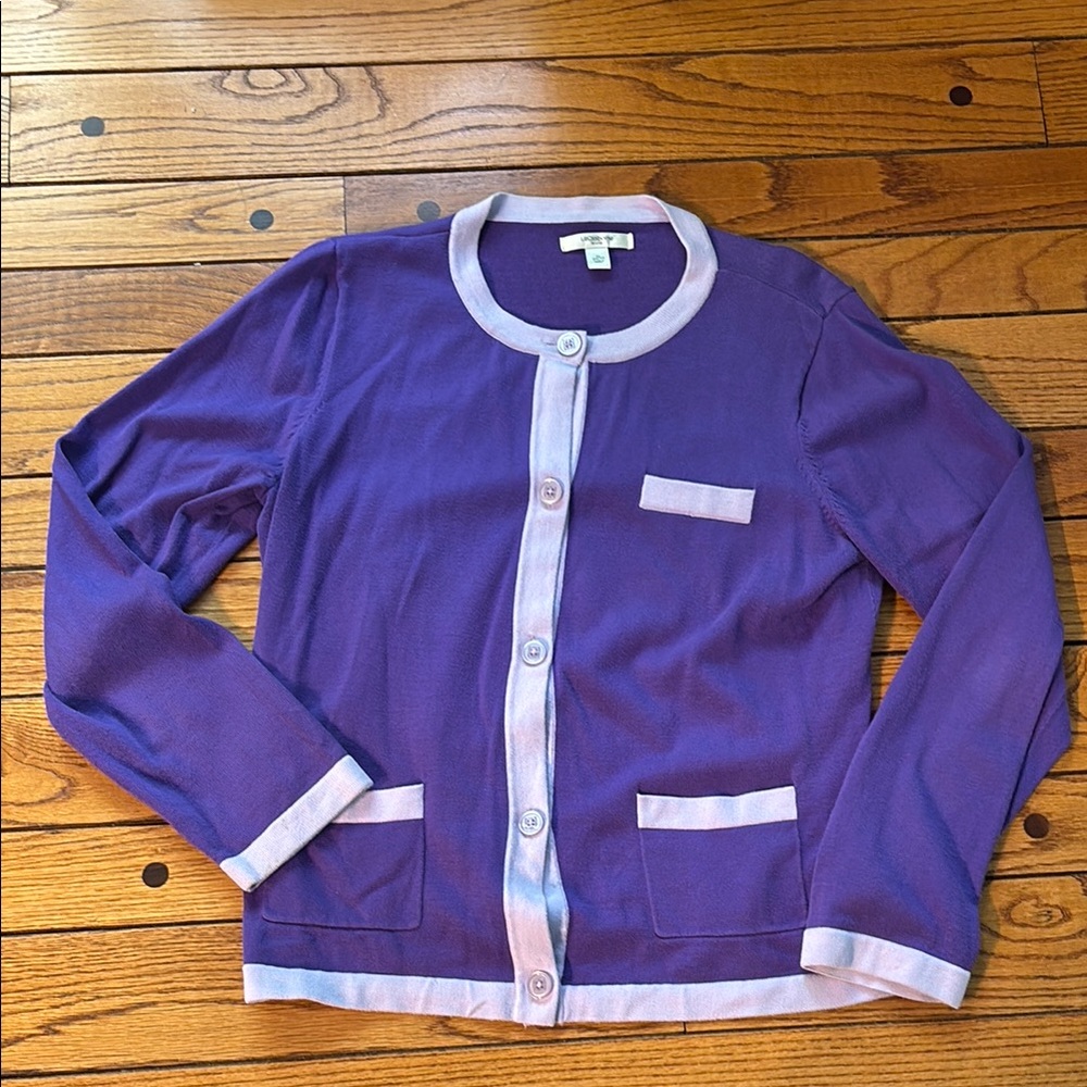 Purple Cardigan with Lavender Trim